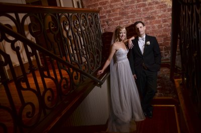Bride and Groom on Stairwell 
